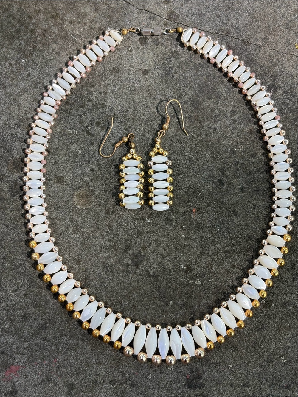 Vintage Elongated Freshwater Pearl Necklace/Earrings/Screw Clasp/Gold Tone balls